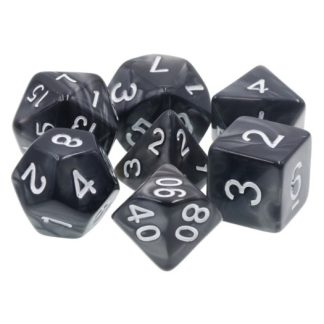 A set of 7 polyhedral dice - Black pearlized with white pips