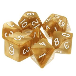 A set of 7 gold polyhedral dice with white painted numbers.