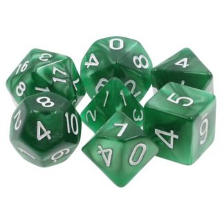 A set of 7 polyhedral dice in pearlized dark green acrylic with white painted numbers.