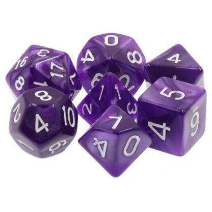 A set of 7 polyhedral dice in purple pearlized acrylic with white painted numbers.