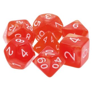 A set of 7 polyhedral dice in red pearlized acrylic with white painted numbers.