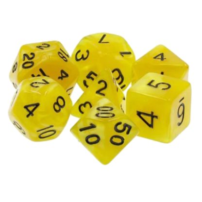 A set of 7 polyhedral dice in yellow pearlized acrylic with black painted numbers.