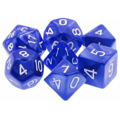 A set of 7 polyhedral dice in blue pearlized acrylic with white painted numbers.