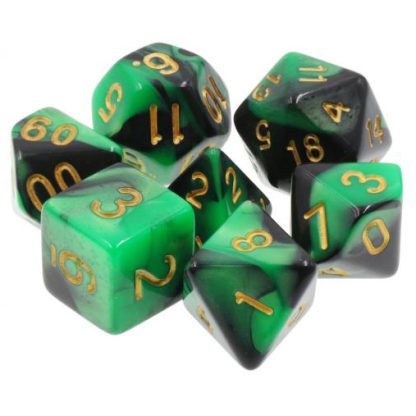 A set of 7 polyhedral dice in green and black acrylic with gold painted numbers.